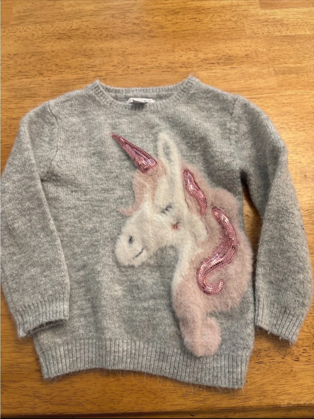 Primark Gray Knit Girls' Sweater with Pink Sequin Unicorn size 4-5